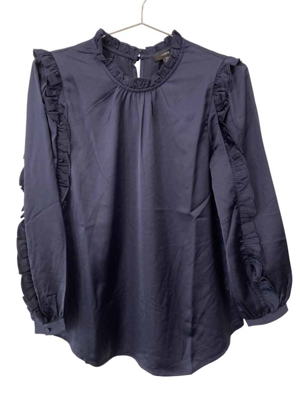 J Crew Blouse XS Ruffle Long Sleeve Satin Crepe Navy Blue Career Business Casual
